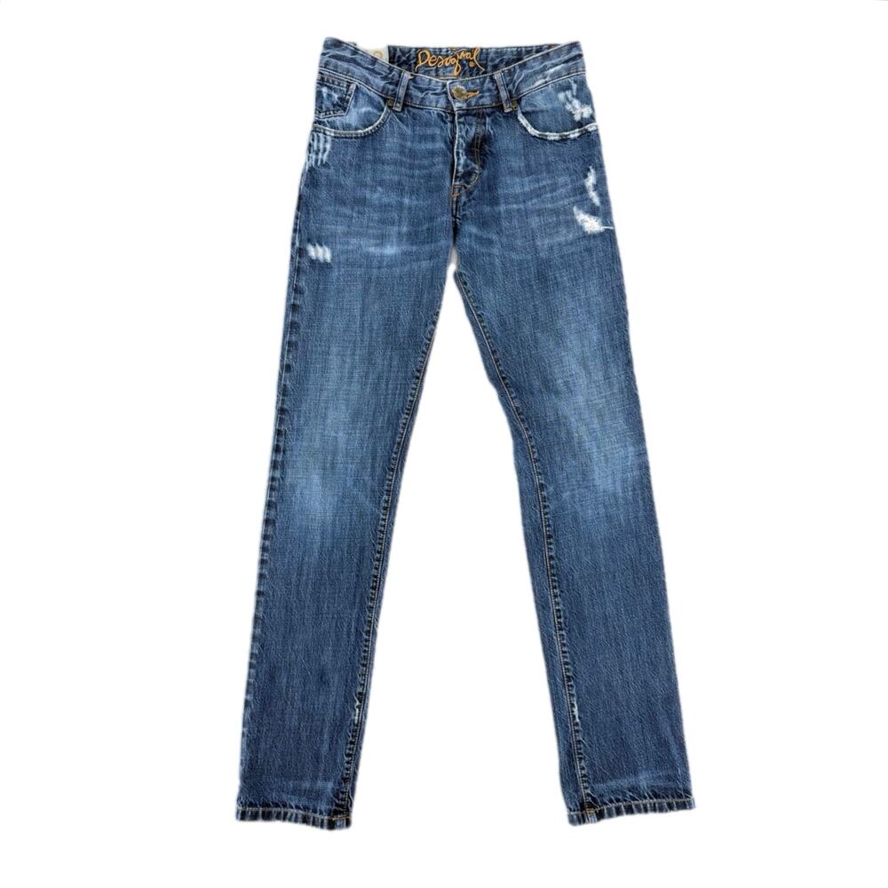Desigual Slim Fit Mid Rise Dark Wash Distressed Straight Button Fly Denim Jeans